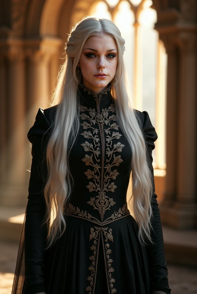 "Create a realistic image of a regal woman being crowned in a dark, gothic setting. The focal point of the image is the woman's hair, which is long, flowing, and impeccably styled in soft, voluminous waves. The hair is a striking platinum blonde, almost white, with a luminous sheen that catches the light, creating a stark contrast against her dark clothing. Each wave is perfectly formed, cascading down her shoulders with a smooth, silky texture that suggests meticulous care and refinement. The woman sits with a serene, almost meditative expression as two figures on either side delicately place a crown on her head. The crown is adorned with sharp, metallic spikes that accentuate the contrast between her soft, ethereal hair and the cold, hard metal. She wears a black velvet gown with intricate silver embroidery, further highlighting the radiant quality of her hair. The dim lighting in the room enhances the dramatic shadows and light, making the hair appear even more lustrous and central to the scene, while the background fades into darkness, drawing all attention to her and her crowning moment."
