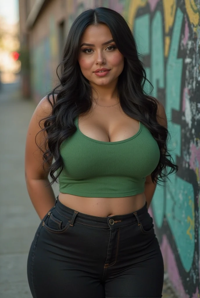 Latin woman, 30 years old, voluptuous, athletic, toned, thick legs, green eyes, long black hair, wearing flower front tied blouse, cargo shorts and sneakers, casual jewelry, posing in a beautiful garden, sunny, add.detail:1