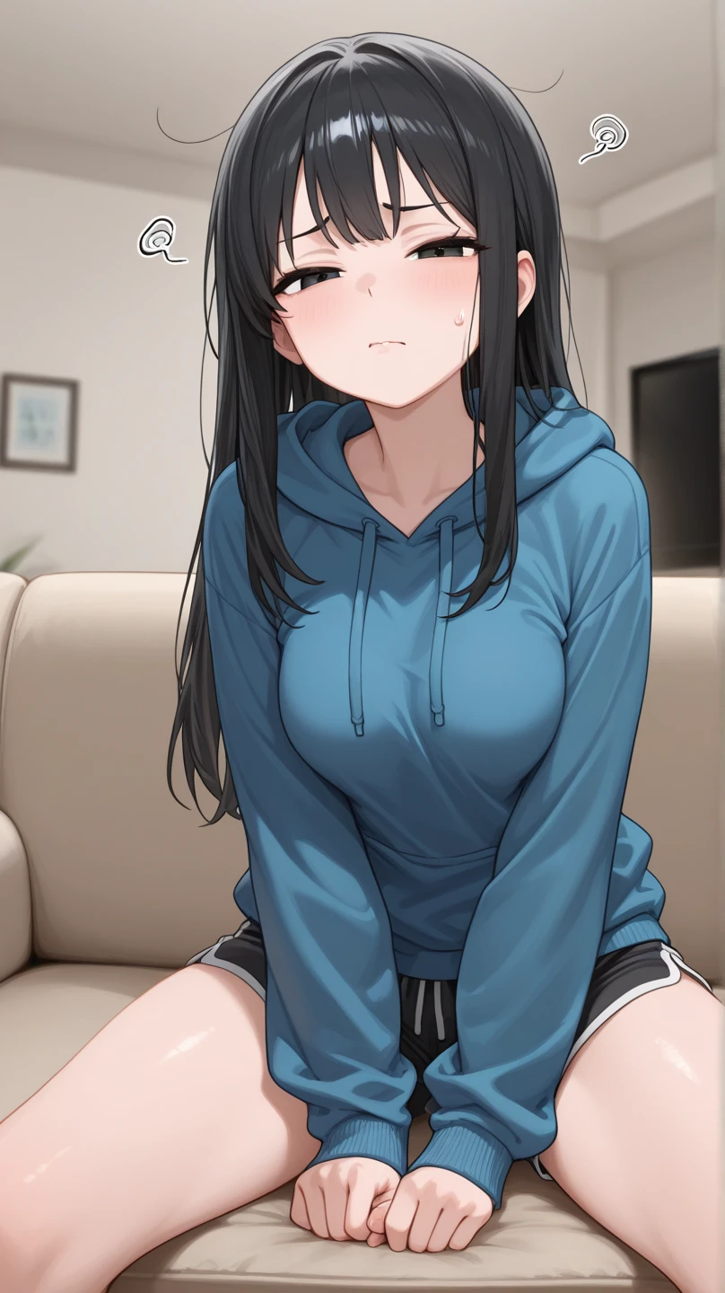 (((medium breasts))), ((best quality)), ((masterpiece)), (detailed), (((perfect face))), (((slender 16yo teen girl wearing teal zip hoodie))), (((gray loose sweatpants))), ((brunette, dark brown hair)), ((wavy hair)), (((green eyes))), ((shy:1.3)), ((blushing:1.5)), ((perfect hips)), (((dining room with wooden floorboards))), ((((girl looking away)))), (((kneeling)))