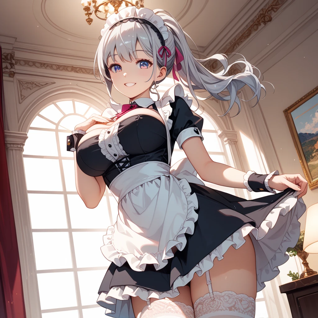 Bright hair of silver color、bobhair、red-eyed、Kamimei、maid clothes、miniskirts、Slender beauties、(Thin leg)、Raise your hand up、Kneeling、opens legs、erotic、A sexy、Low angle、Very embarrassing、beautiful lighting、Beautiful skins、masterspiece、high picture quality、in 8K、