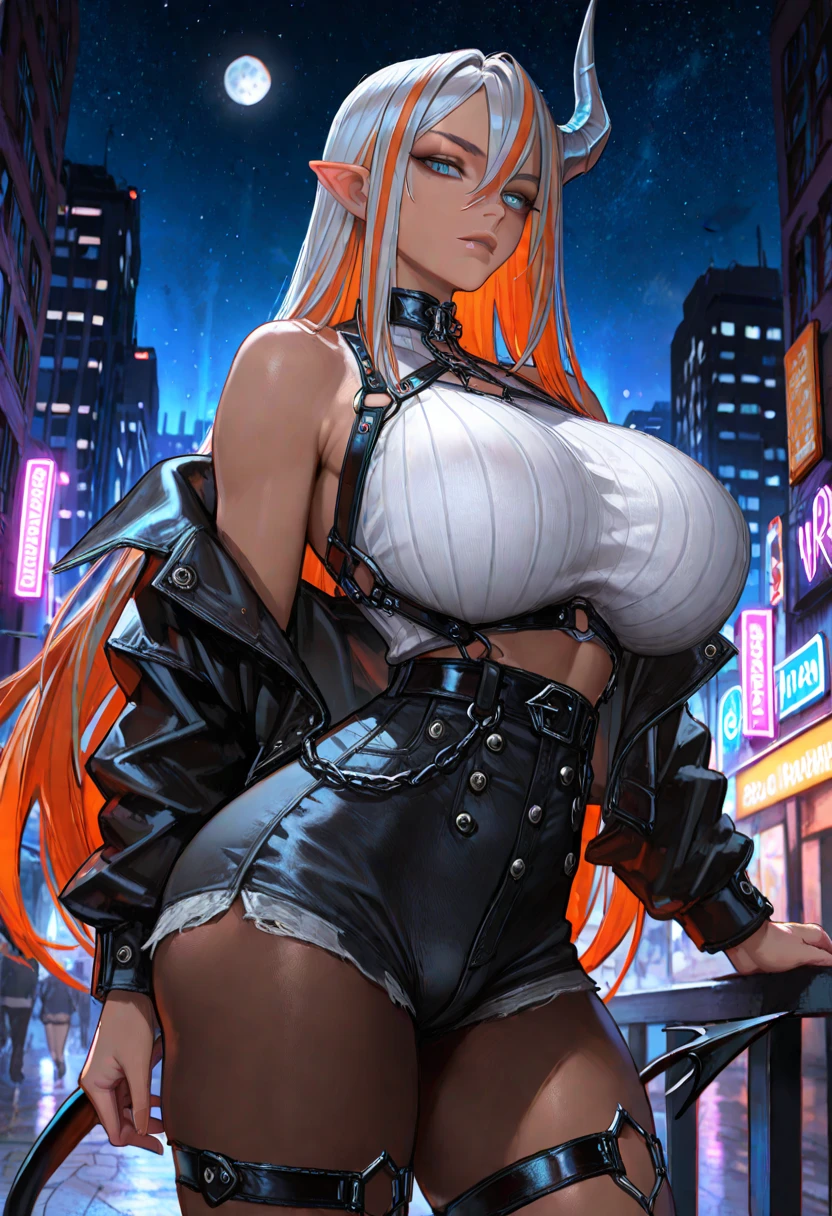 [((A highly detailed and realistic 4k masterpiece featuring a young woman standing in a cyberpunk setting. She has long, streaked hair in various shades of white and pastel colors, and piercing yellow eyes. She is wearing a hoodie, mini skirt, and seamed legwear, and accessorizes with fingerless gloves and headphones. She has medium-sized breasts and a curvy figure, and her clothing is designed to show off her cleavage. The background is a futuristic cityscape, with neon lights and holographic advertisements.)))]