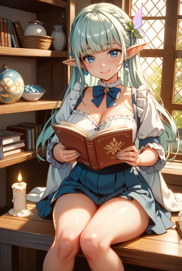(((A girlwoman))), 24 years old, ((smiling)), naked anime girl lying face down on a bed, pale skin, long silver hair, pointed ears suggesting she is an elf, she is reading a large book open in front of her, hair is long and silver in color, styled in a high ponytail, leaving some strands loose, The ears are long and pointed, a typical characteristic of elves in anime, His expression is calm and focused as he looks at the book, with green eyes reflecting attention, lying on her stomach, with her legs raised and bent at the knee, crossed at the ankles, her arms are slightly bent, with her hands resting on the book, a wooden room, with the bed covered by a light blanket, the lighting suggests a warm and relaxing atmosphere, The texture of her skin is smooth and flawless, with light reflections highlighting the contour of her body, The image has a typical anime art style