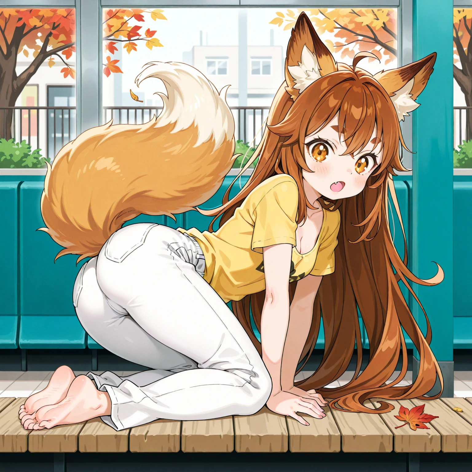 1girl, holo, animal ears, brown hair, long hair, red eyes, wolf ears, wolf girl, small breasts, nude, showing canine pussy, spreading canine pussy, showing nipples, view from behind, wolf tail, spice and wolf, BREAK, bending over, looking at viewer, (half-closed eyes), seductive smile, day