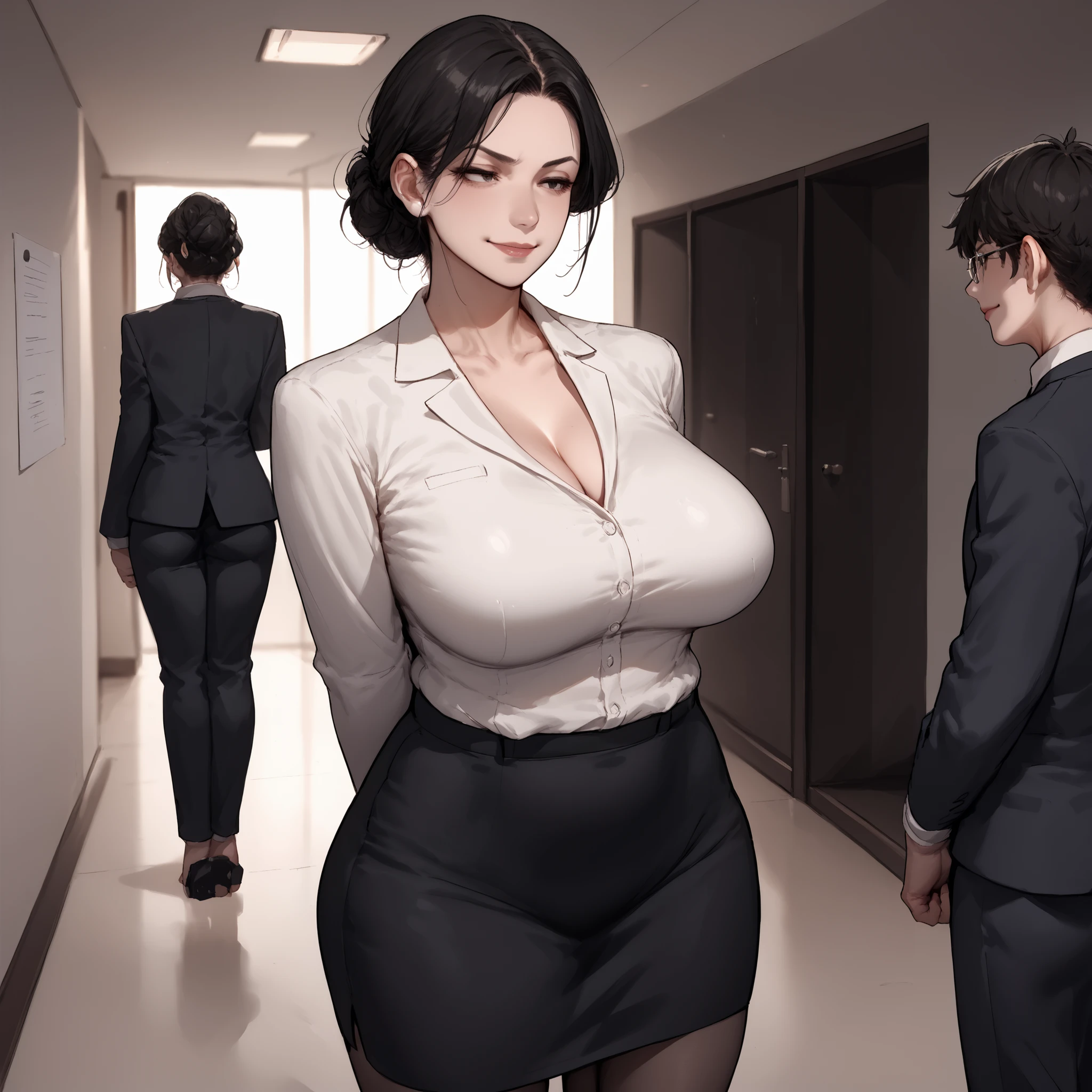 A mature and graceful Japanese woman with fair skin and black hair styled in a clean bun. She wears a professional office outfit: gray fitted blazer, white blouse, and long dark pencil skirt, emphasizing her mature curves.
She stands confidently with her arms behind her back, pushing her chest slightly forward in a proud, composed posture. Her face shows quiet confidence, slight smirk, head held high.
The setting is indoors —a softly lit office or hallway.
Composition: mid-body or full-body shot, anime/semi-realistic style, focus on posture, elegance, and body language of pride and strength.