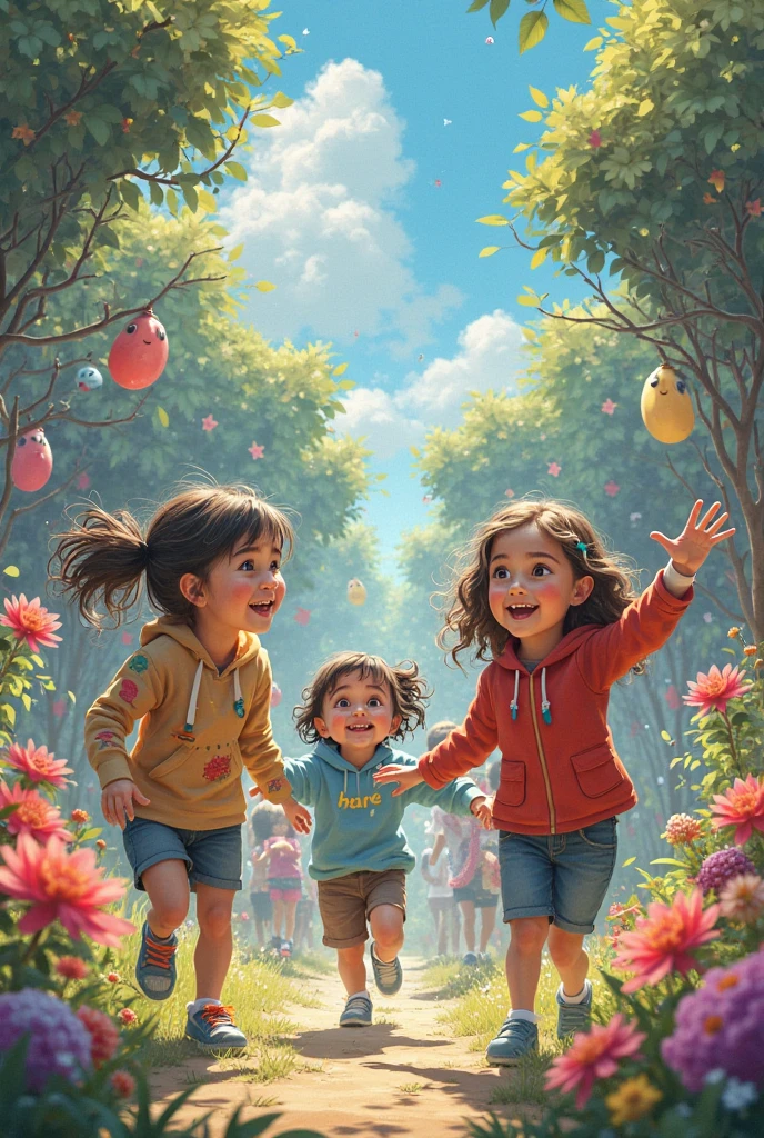 (Masterpiece),(Top Quality),(Super Detail),(Telegraph:1.2), Child, Cute, Smile, 2 boys aged 8 and 2 girls aged 8, Troublemaker, Children Climbing Trees, Jack and the beanstalk, Modern Korean, Black hair,