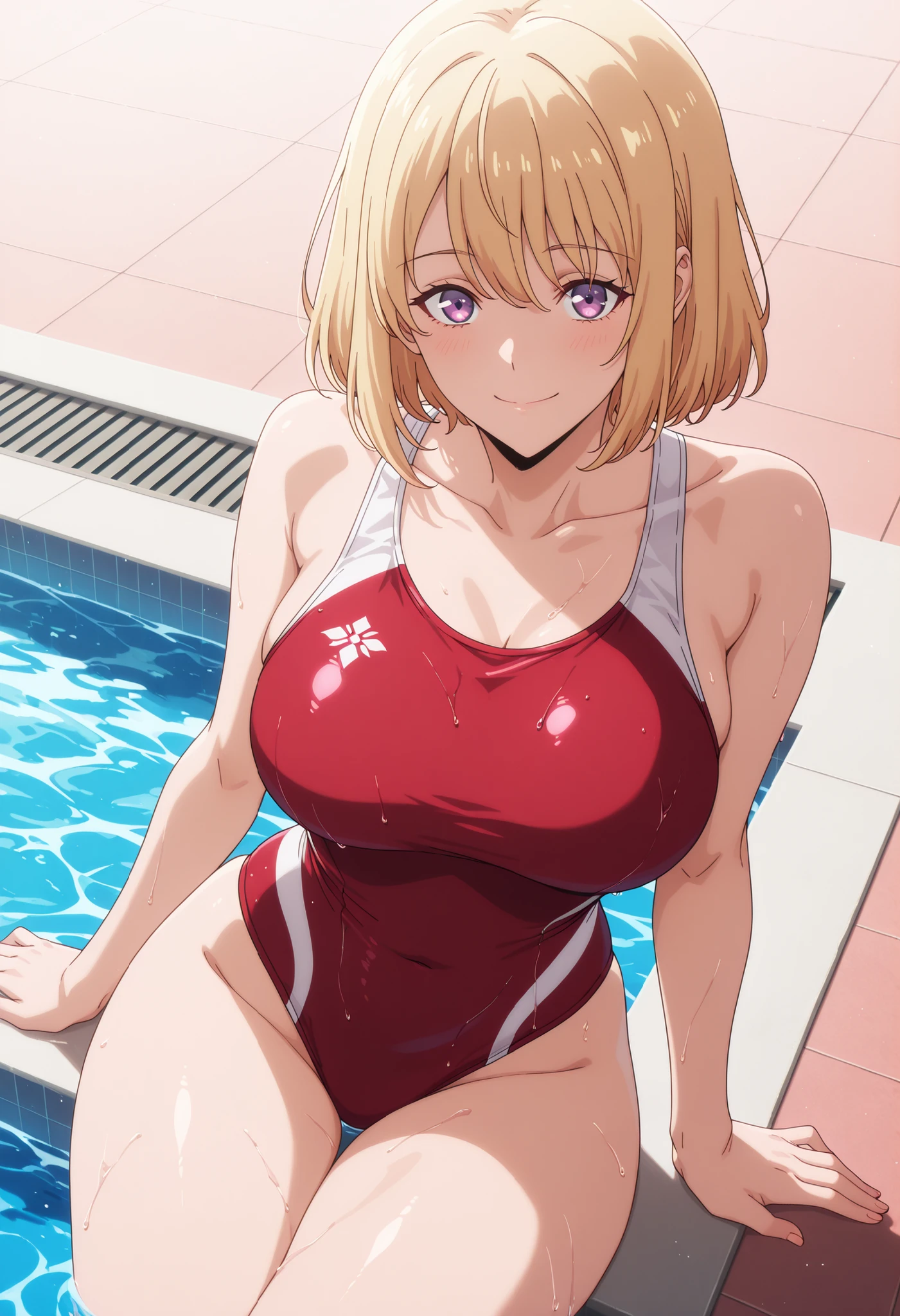(masterpiece、highest quality、In 8K、High resolution:1.2)、alone、One Girl、 Chisato Nishikigi、Feeling embarrassed、blush、Red eyes、Look at the viewers、whole body、Swimsuit、Racing Swimwear、Hair clip on left hair、Glossy body、Wet body、Daytime、Poolside、hide