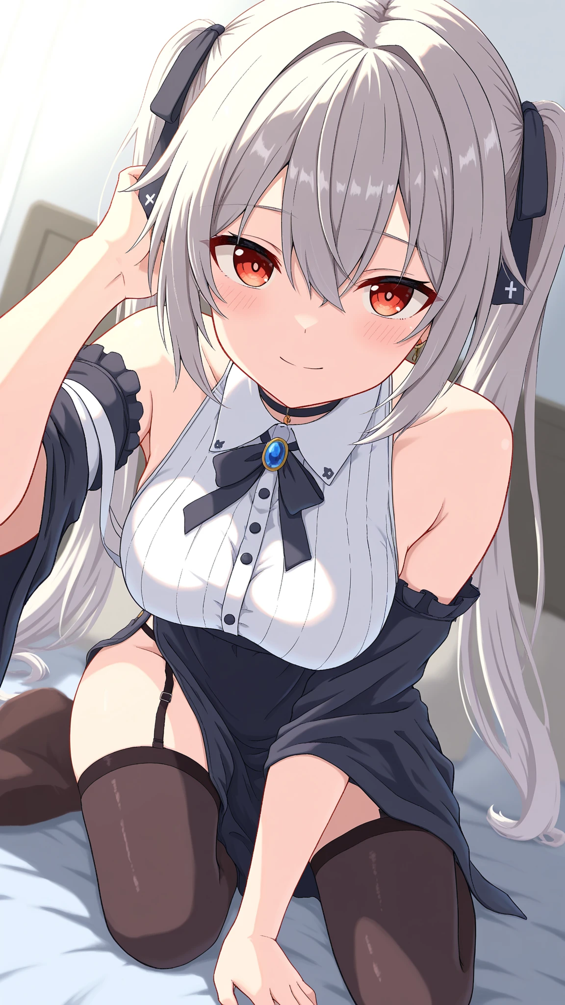 NSFW,((1man with 1woman,Having sex)), Woman on top,from behind,tiny girl,Colossal tits,Smile with open mouth,silber hair,Lori,length hair,Twin-tailed,School uniform,Whip thighs,hair adornments,Heterochromia,Top image quality,Best Quality