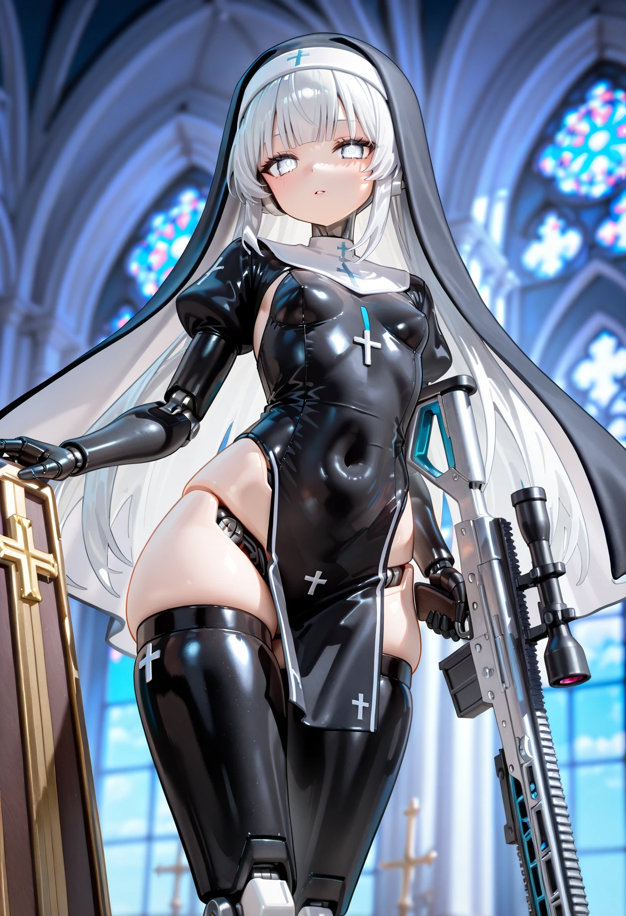 breathtaking,sakurako \(blue archive\),1girl, solo, breasts, looking at viewer, blush, large breasts, simple background, gloves, long sleeves, closed mouth, thighs, black gloves, holding weapon, leotard, highleg, halo, holding gun, black leotard, rifle, highleg leotard, nun, hands on own chest, assault rifle, habit, bullpup
<lora:Sakurako_image220_v1-000040:1> . gorgeous,key visual, vibrant, studio anime,award-winning, professional, highly detailed,high budget, cinemascope