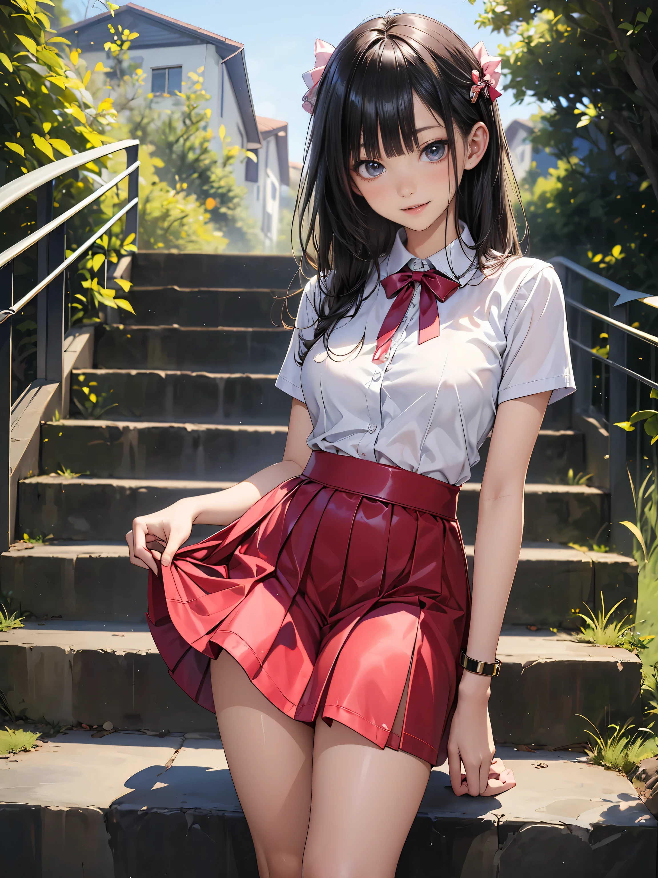 panty shot, ((A single strawberry)), ((Panties with a single strawberry printed on them)), Cover your chest with your arms, super cute, Sheer Japanese girl high school uniform, Beautiful Face, ((Slightly embarrassed)), (blow upskirt), (skirt lifted by wind, Skirt flipped by the wind), Super detailed, ((masterpiece, best quality, high resolution)), Highly detailed CG, from below, Aya Tojo, (High quality, high quality texture, Beautiful detailed, fine detailed, extremely details CG), Detailed texture, 