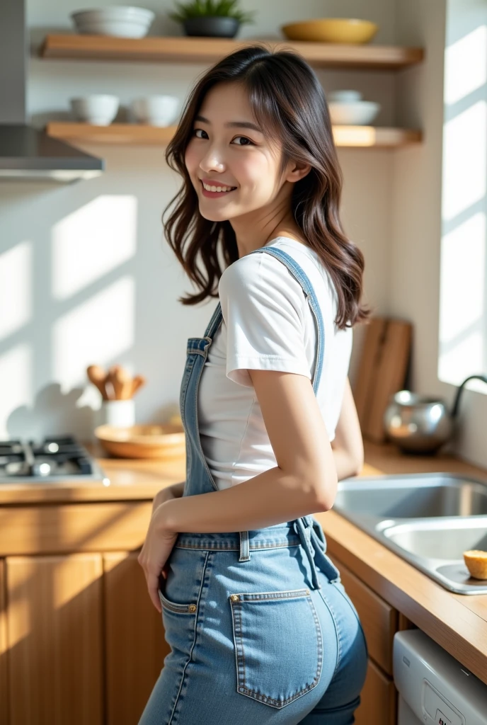 (perfect anatomy),((Ulzan 6500)),highest quality,very detailed,masterpiece,Super detailed,Squat and pose in the kitchen,超High resolution,(realistic:1.4,8k),A beautiful 20-year-old newlywed wife squatting in the dazzling morning sun in the kitchen.,I&#39;m irresistible with my proud slender muscular big hips.,(Looks great with large overalls),The most adorable smile with the corners of the mouth raised,Chestnut colored semi-long hair,High nose and deep chiseled face,Elegant appearance,dynamic portrait,magic lighting,Bright colors,Melting deep depth of field background using Hasselblad,(highest quality,4k,8k,High resolution,masterpiece:1.2),(realistic,realistic:1.37),
