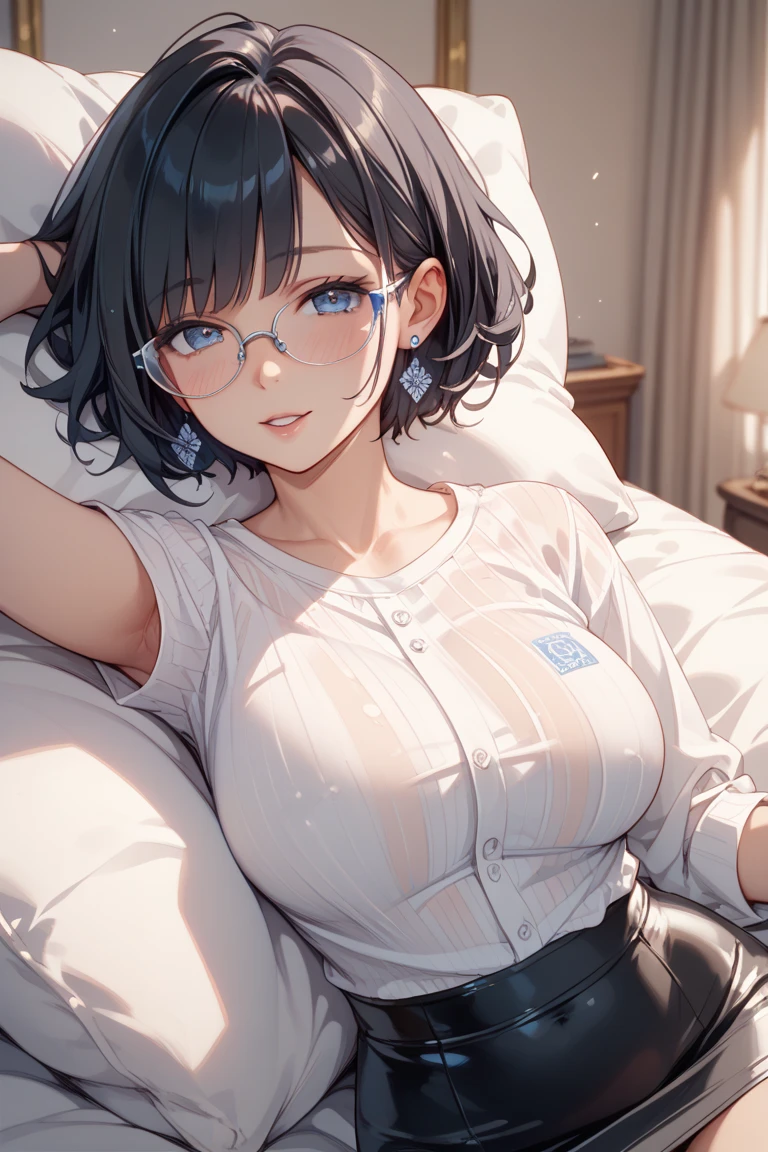 score_9, score_8_up, score_7_up, source_anime, best quality, masterpiece, official art, absurdres, highres, ultra-detailed,waifu2x,Collection: Slice of Life,break,1girl,  short hair, pajama, glasses, bra, underwear, cleavage, large breasts, beautiful detailed eyes, sweat, open mouth, yawn, sit, stretching, sleepily, indoors, bed, break,(clear line illustration:1.2), super detailed skin,very high resolution, very aesthetic, Best sexual lighting powered by famous artist, 8k,cute picture,beauty illustration,photoshop_(medium),,(Detailed Lighting),best anime 8k konachan wallpaper, pixiv contest winner, 