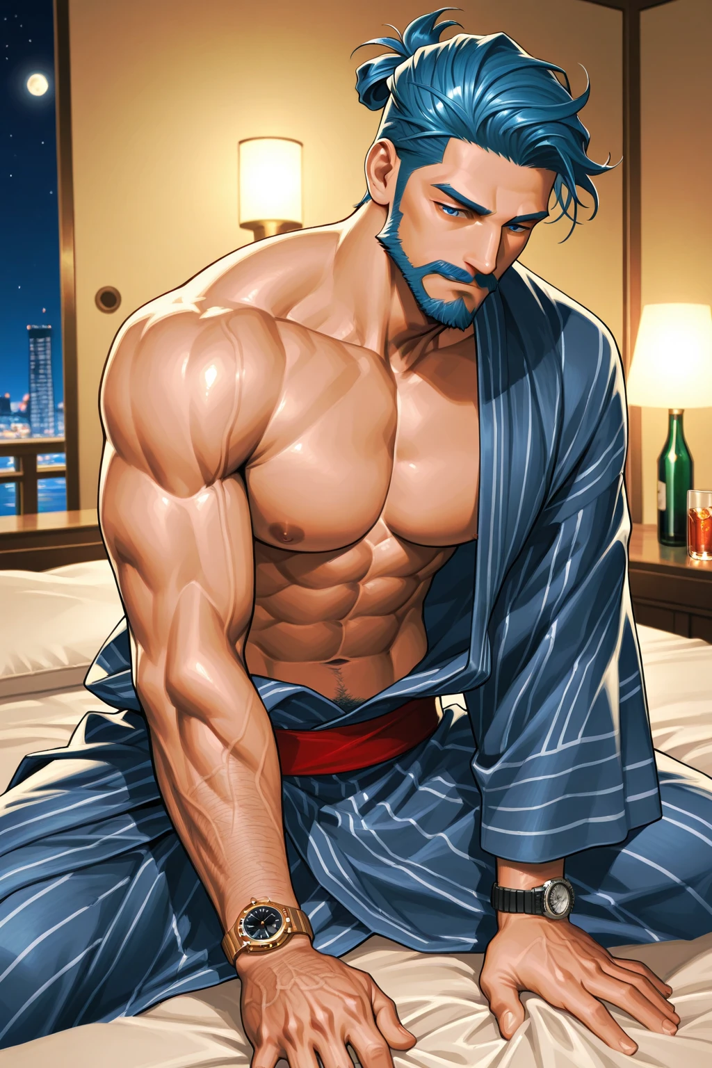 Handsome male wearing lingerie, bra with lace trimmings, panties with lace trimmimgs, male, bara, long hair, 8K,