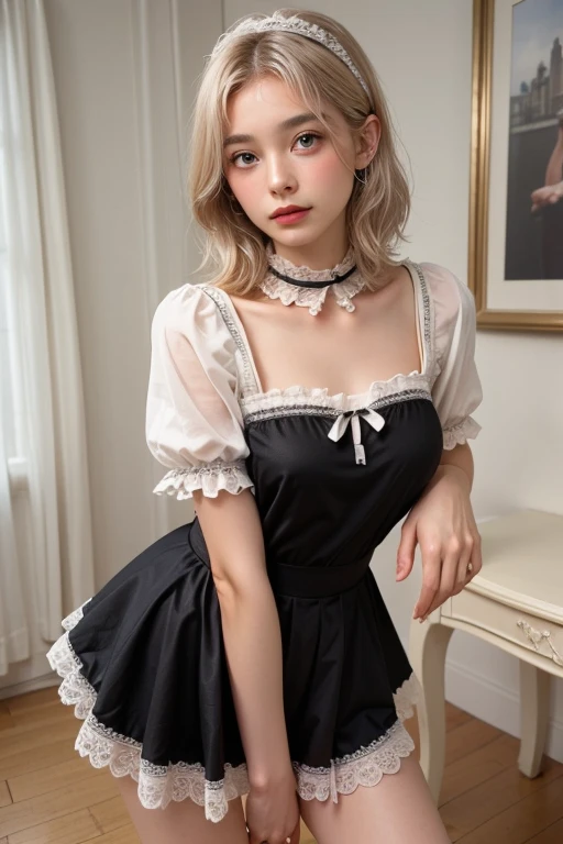 (Tabletop, Highest quality:1.2), 8K, 85mm, Official Art, RAW Photos, Absurd, Platinum Blonde Hair, (blue eyes, Lolita Fashion, Sweet Lolita, Gothic, dress:1.2), Idol's face, Upper Body, beautiful girl, Gardeniass, Copenhagen, Short sleeve, grace, Sophisticated, Gardenia, View your viewers, Film Grain, chromatic aberration, Sharp focus, Face Light, Dynamic Lighting, Cinema Lighting, Detailed face, Bokeh Background