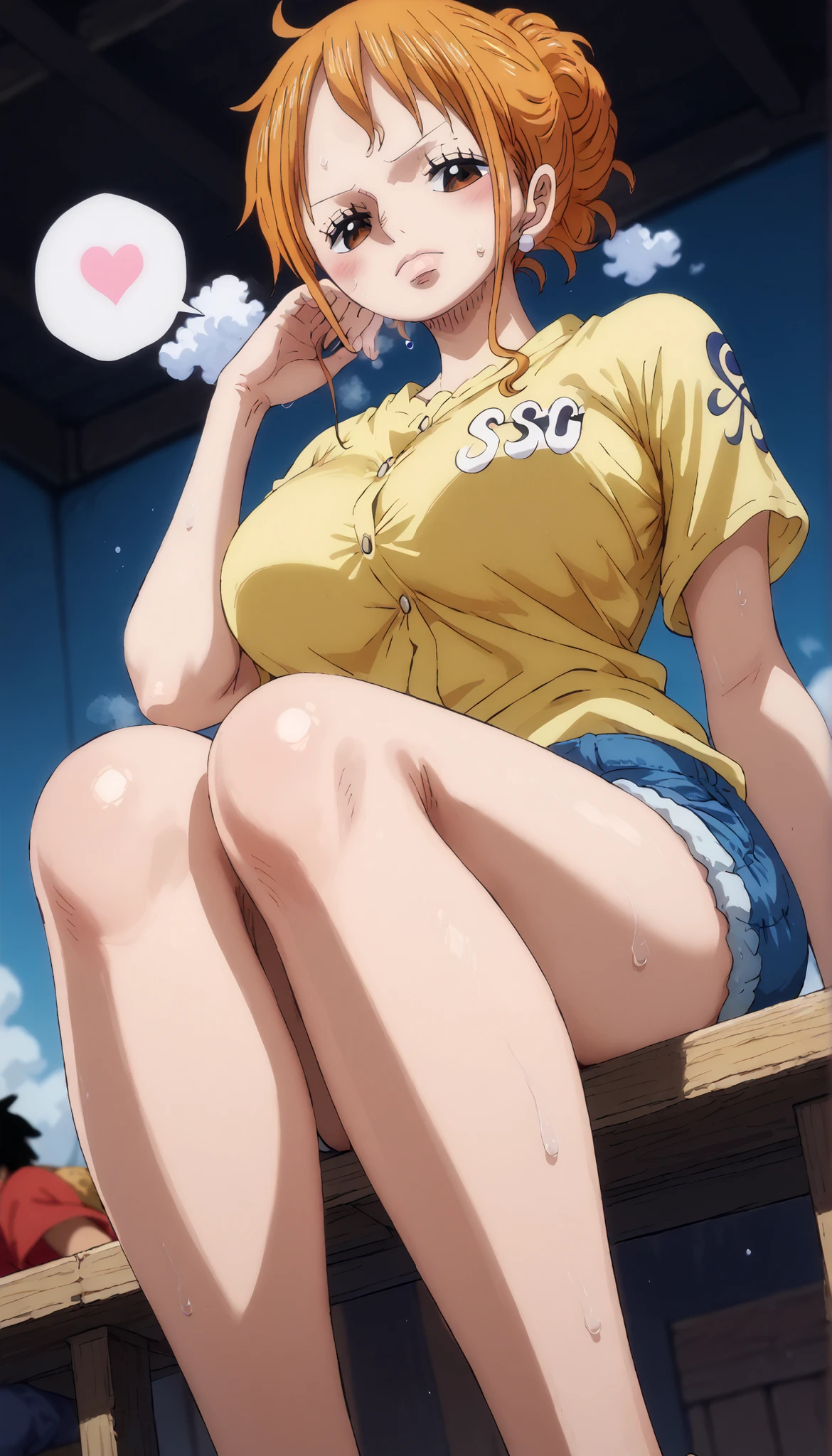 Nami orange hair, Luffy black hair, flush, sweat, steam, salvia, half-closed eyes, clothes from onepiece_anime, lower angle, big breasts, spoken hearts, bare legs, jeans shorts, sitting,
