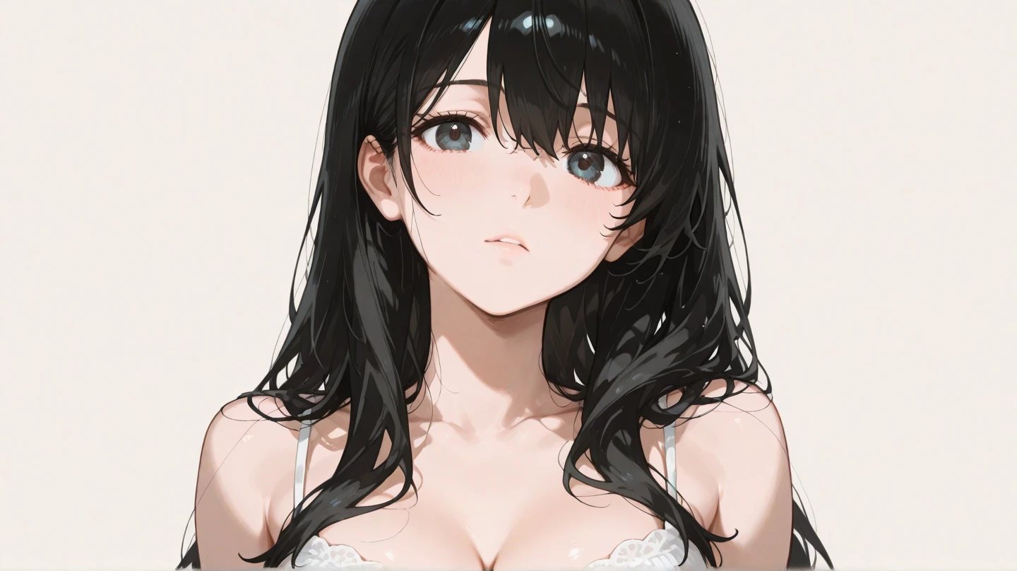 , Young woman, long black hair, Brown eyes, big eyes,