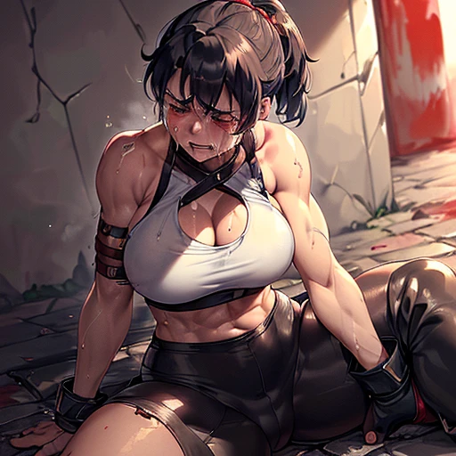fulbody. a male streetfighter is grabing her hair from behind her. a bloody beautiful young Japanese female streetfighter is beated down in the backstreet. Blood is dripping from her nose. She is covered in scars and bruises. She's on all fours. she is damaged terribry. she was defeated. she lost the fight. she was knocked out. Short-cut black hair, out of breath, drooling from mouth, crying, exhausted, drenched in sweat. one eye closed, Erect nipples. open finger glove. denim shorts, sports-bra
