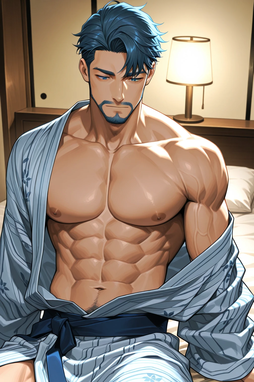 There is a man with a small towel between his legsbest quality, Obra maestra, cara perfecta), 32 year old man, rubio, cabello corto elegante, ojos grises, tatuaje de laurel en su cuello, alto, musculoso, robusto, sentado en una cama