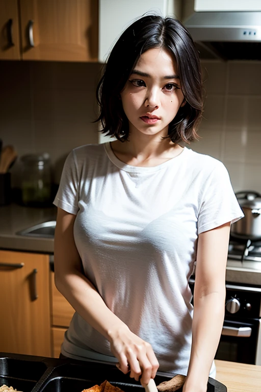 NSWF,One girl,Mature Woman,40 years old,alone,short hair,whole body,storehouse,Moody lighting,Tyndall effect,Cinema Lighting,Lens flare,Available Light,Rim Light,Curvy,Tank top,Japanese girl,