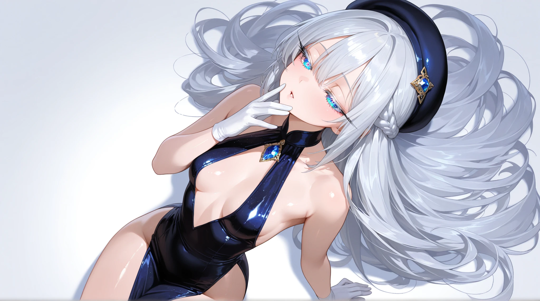 solo, (masterpiece), (beautify), (alone), (young adult), ((white hair)), medium hair, tiara, (blue eyes), smile, black clothes, bare midriff, bare stomach, black dress, cleft of venus, (huge breasts), underboob, detached sleeves, blue aura