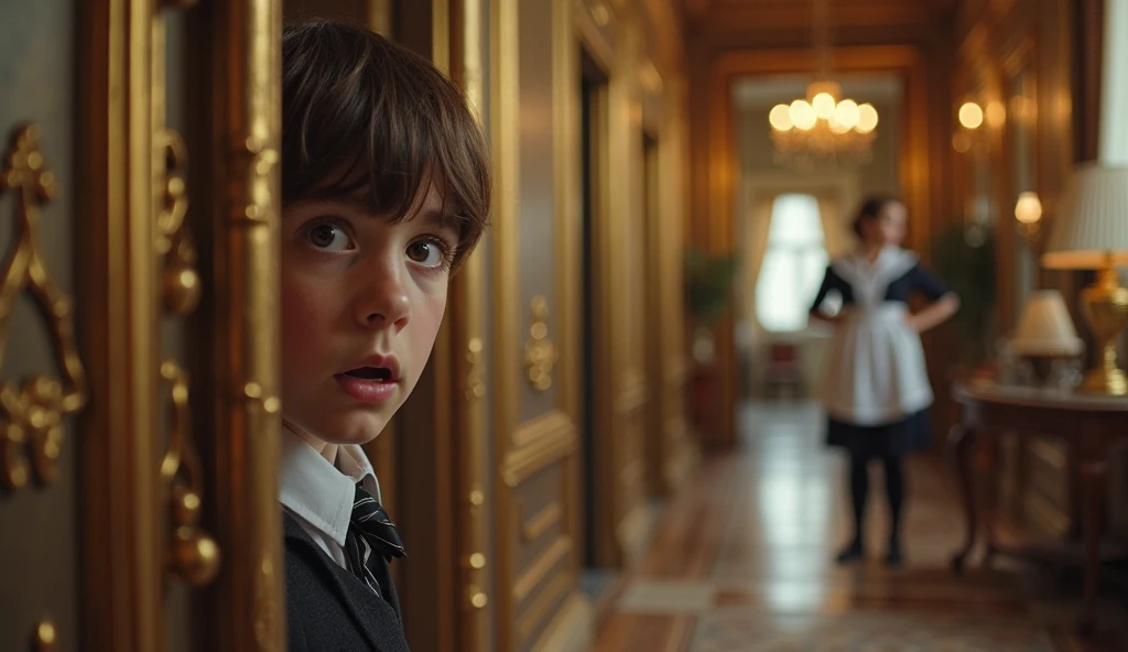 Creepy little boy, sitting in pile of close, in door way, dark, spiral staircase in the background, soulless eyes