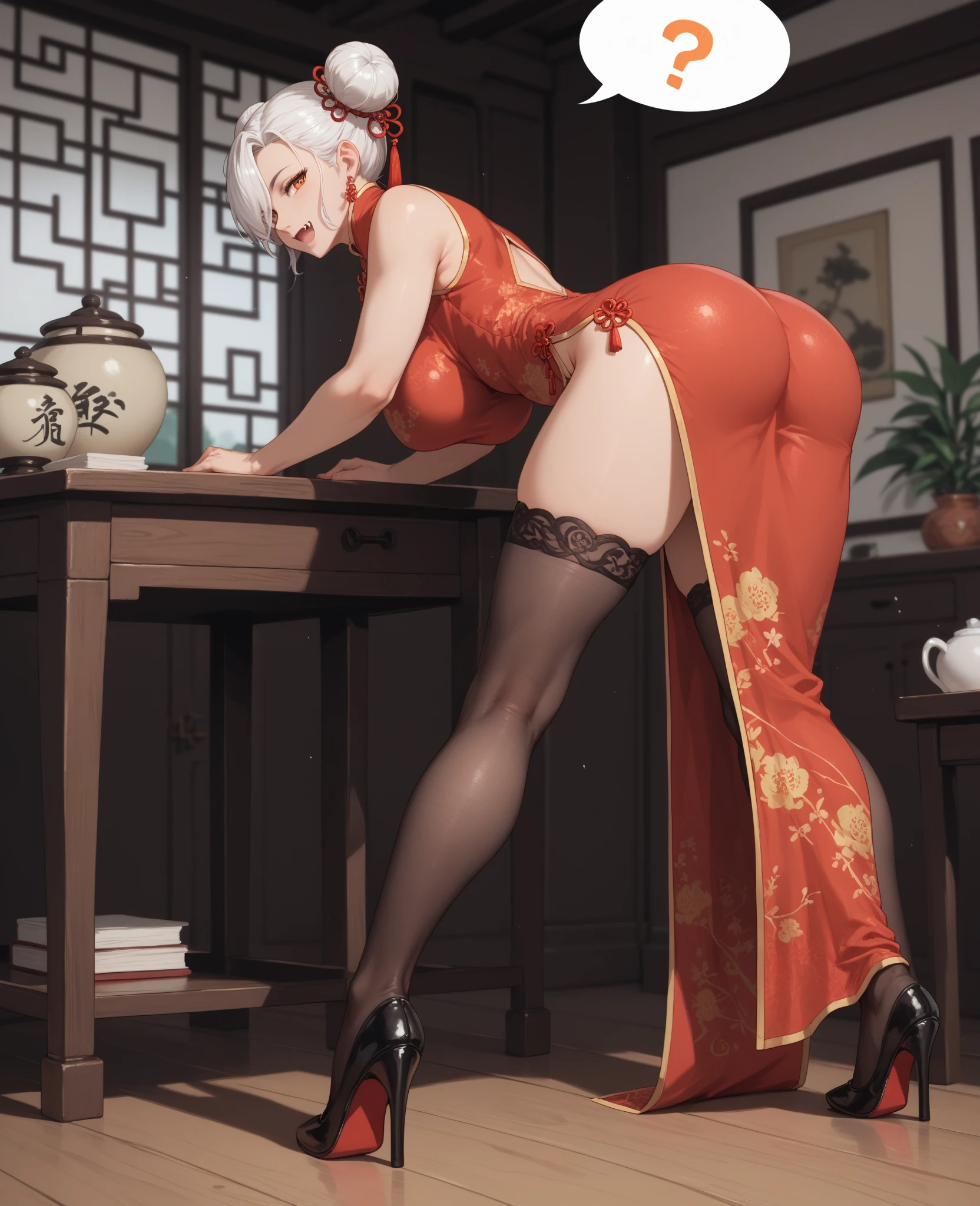 A female empress, short white hair, with yellow eyes, red nails, mostrando os peitos, legs open showing pussy, with an angry face and a provocative look, mouth open with tongue out. Wearing traditional Chinese imperial clothing, decorated in gold with black details, with red Hanafuda earrings, with a short red skirt. On your knees on a hotel room bed with a penis in your pussy, with a sunset in the window in the background.
