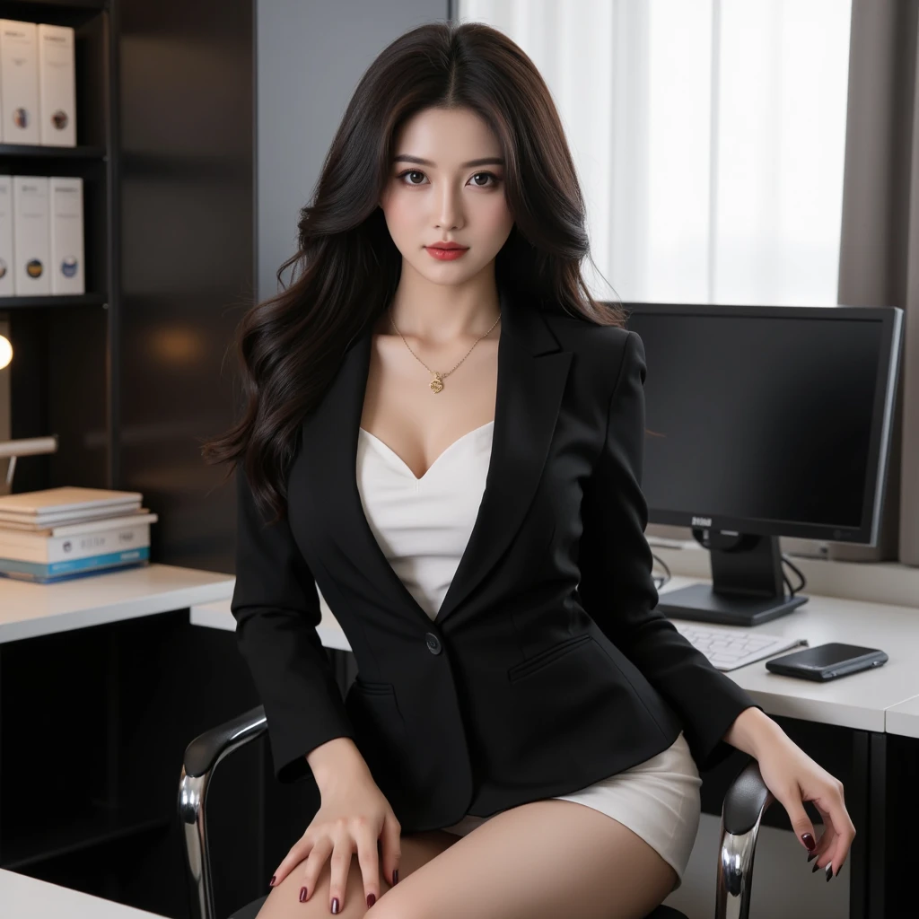 random hairstyle、 long hair、long hair、straight hair、 wearing a suit jacket、button open jacket、open suit、Wearing a suit is strict、Elite secretaries of the upper class、wear luxury high heels、wear a suit、Wearing a suit、business woman、business wear、Wearing a black suit、woman wearing suit、suit、suit、Shooting from the front、huge file size、first person perspective、center image、work in office、Wearing pancompanyhose、office、company、night、Best Qualicompany、Super detailed、small detailed、High resolution、8K Dende Wallpaper、perfect dynamic composition、beautiful fine eyes、natural color lip、necklace、random sexy pose、The body is facing the front、20 year old girl、night time、Perfect Scompanyle、beautiful顔、1 girl、very detailed、masterpiece、top-qualicompany、Ultra high decomposition energy A、8KHigh resolution、Photogenic claricompany、fine eyes、Gradient depiction、perfect anatomyの体のプロポーション、Nikon Z9 80mm lens、graceful legs、long slim legs、thighs and skirt、long legs、very beautiful slim legs、Very beautiful long slim legs、beautiful feet、good hips and long legs、surgenuine high school girl、cleavage gap、The Super detailed細、High resolutionであり、Super detailed細、reality、photogenuineistic、RAWphotograph、beautifuldetailed 顔、white skin、genuineにglowing skin、fine fabric texture、texture、perfect body、cute face、natural neck length、slim legs、thin legs、beautiful collarbone、High resolution、perfect anatomyの体のプロポーション、golden ratio、perfect hands、1 girl、16k、glowing skin、cute korean girl、K-POPアイドル、detailed 顔 of asian girl、eyes and lips、professional makeup、asian 顔、beautiful aesthetic 顔、1 beautiful woman、sharp focus、captivating gaze、and a charming look、pay attention to detailed、Detailed genuine skin texture、model body 形、beautiful、pantyhose、genuine、allows the woman to be the focus of the image、completely subjective、front、golden ratio、perfect hands、As photograph shows、genuine、woman、beauty、perfect anatomy、correct、anatomically correct、Symmetrical and balanced body、human hand、strangely perfect、almost perfect、night、night、highest quality、Super detailed、detailed、High resolution、8k wallpaper、beautifulwoman1 person、sharp focus、beautiful detailed eyes、fine hair、detailedreality的な skin texture、from the front、cute korean girl、K-POPアイドル、detailed 顔 of asian girl、Japanese、beautiful顔、professional makeup、asian 顔、beautiful aesthetic 顔、captivating gaze、and a charming look、pay attention to detailed、16KHigh resolution、High resolutionであり、beautifuldetailed 顔、genuineにglowing skin、photograph、8k uh、HDR、night、first person perspective、center image、beautiful fine eyes、Gradient depiction、1 beautiful woman、allows the woman to be the focus of the image、completely subjective、perfect anatomy、correct、Symmetrical and balanced body、strangely perfect、almost perfect、masterpiece、超High resolution、(accurate anatomy:1.5)、((from the front:1.3))、1 girl、Japanesewoman、alone、(classy and cute girl:1.3)、1 girl、(1 girl)、16k、glowing skin、eyes and lips、sharp focus、student photography、(delicate detailed:1.4)、(Photoreal:1.4)、octane rendering、Complex 3D rendering、night、looking at the viewer、look straight ahead、Nogizaka Idol、korean idol、(RAWphotograph、highest quality)、(reality的な、Photoreal:1.3)、very delicate and beautiful、soft light、beautiful detailed girl、(finger detailed)、Highly detailed eyes and 顔、beautifully detailed nose、Dense and beautiful ey