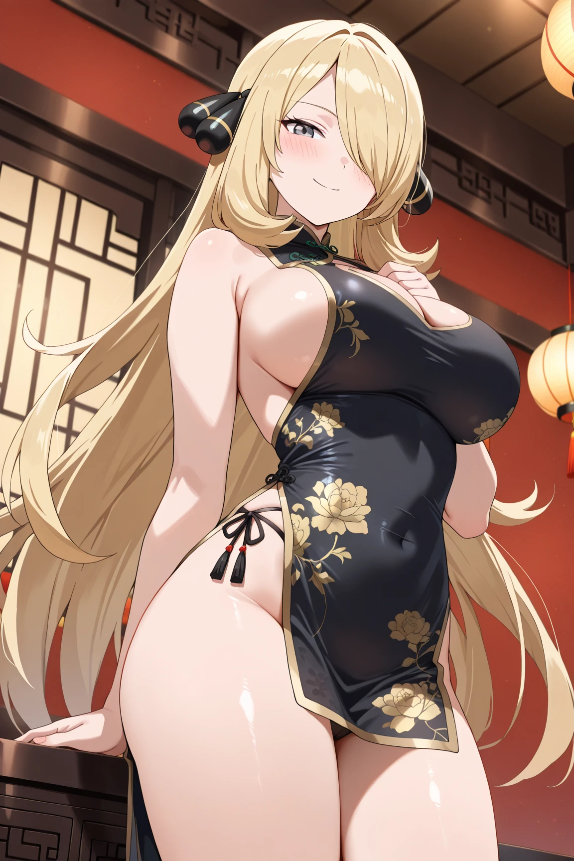 one woman,Detailed contours,Super best image quality,China dress,underboob,From the side down,Beautiful big,Nipples are sagging,Belly exposure,exposing chest,Doggy,from the side of your feet,blonde,standing position,Clothes that just rest on your chest,Low - Angle,anime characters,Breasts fully visible,cute face,side boob,Breast exposure,