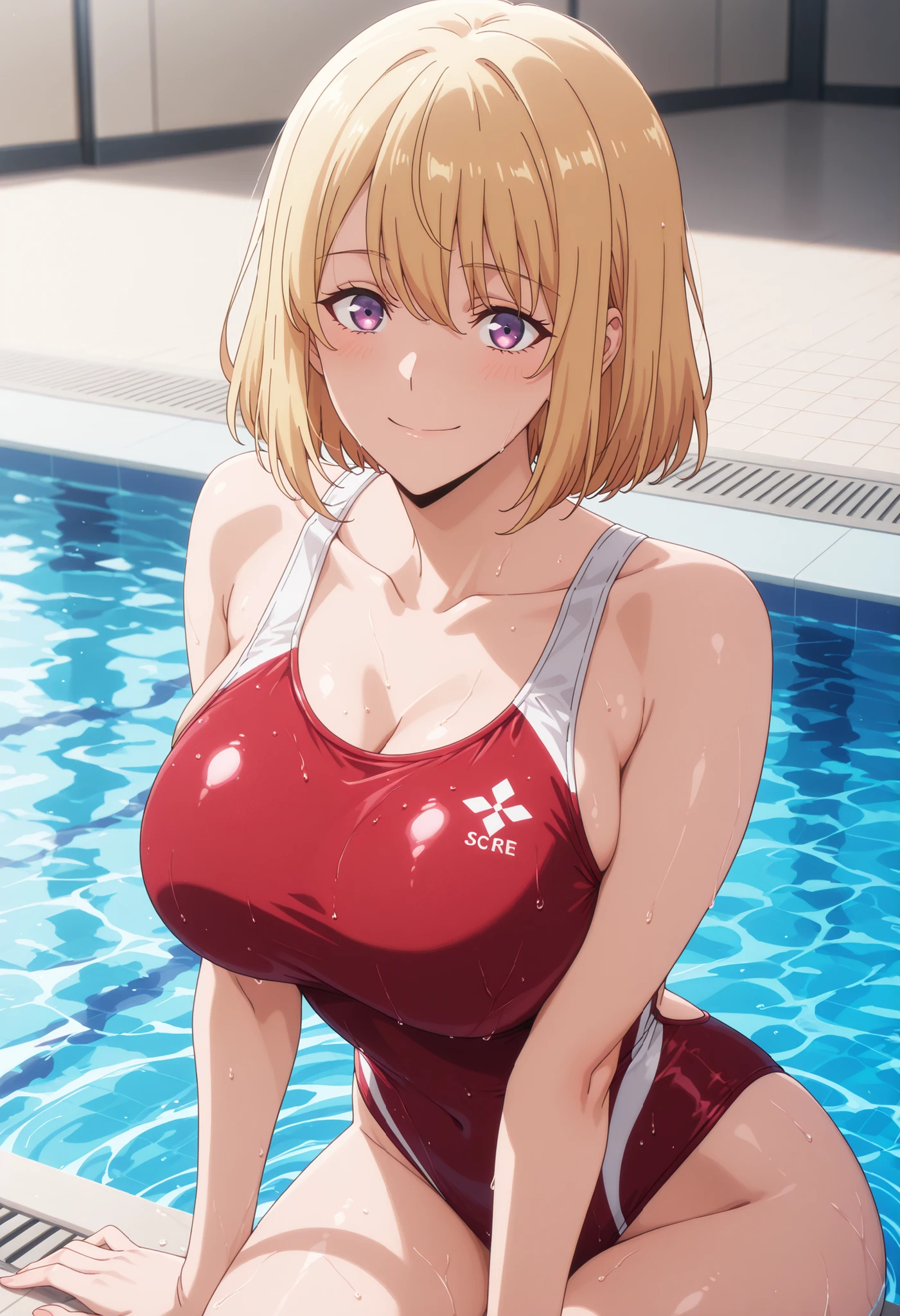 narita top road \(umamusume\), (ultra-detailed face), upper body, masterpiece, best quality, muscular body, abs, bikini, , horse tail, pool,, light smile, detailed eyes, frontage, big tits, wallpaper