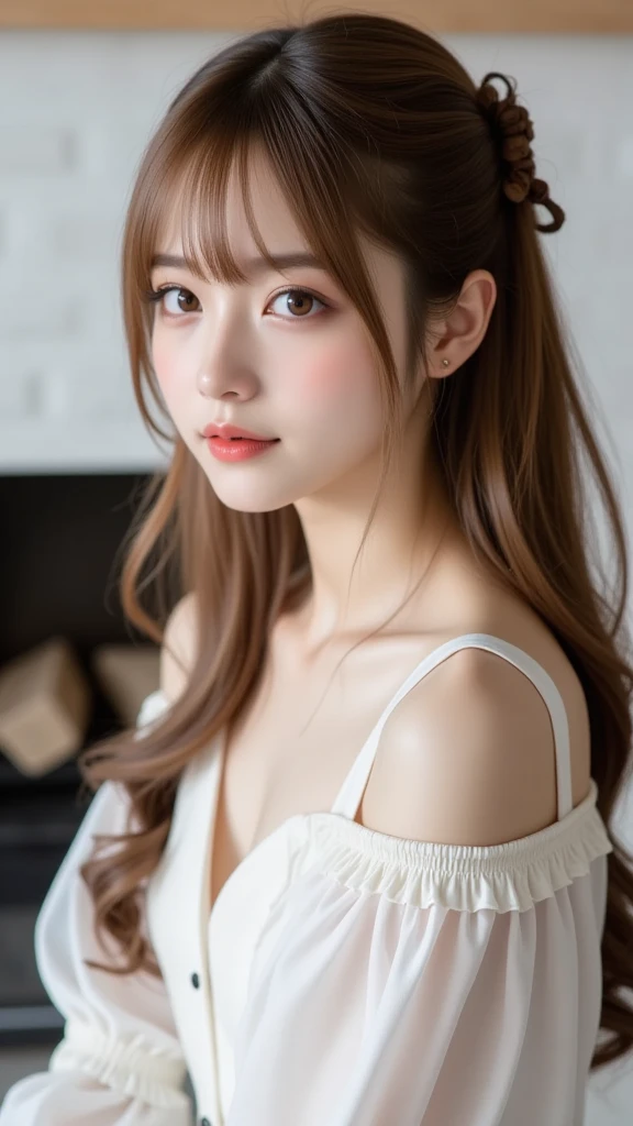 (masterpiece:1.5)、(realistic:1.5)、(highest quality:1.4、8K、RAW photo）、
ultra high resolution、professional lighting、perfect dynamic composition、indoors、
film grain、chromatic aberration、(Bokeh:1.1)、
Frank、Sophisticated、Charm、surreal、high detail、golden ratio、
(1 girl)、slender girl、繊細でCharm女の子、cute woman:1.4、
serious expression、looking at the viewer、
light brown hair、shining hair、Random cute hairstyles、
skin that looks real、
close your mouth、fine eyes、double eyelid、thin arms、
(Wearing a white party dress)