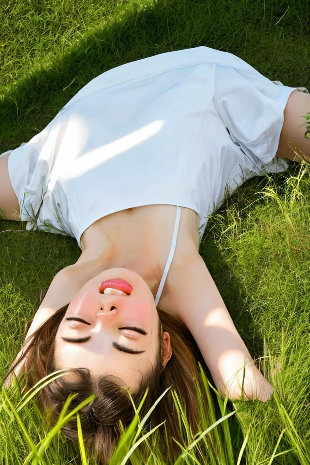 create an image from a Renaissance painting of a sunny spring where a delicate thin Asian boy wearing a bunny ear hood and only white fur shorts is lying on the ground face down with his legs up in a field full of roses