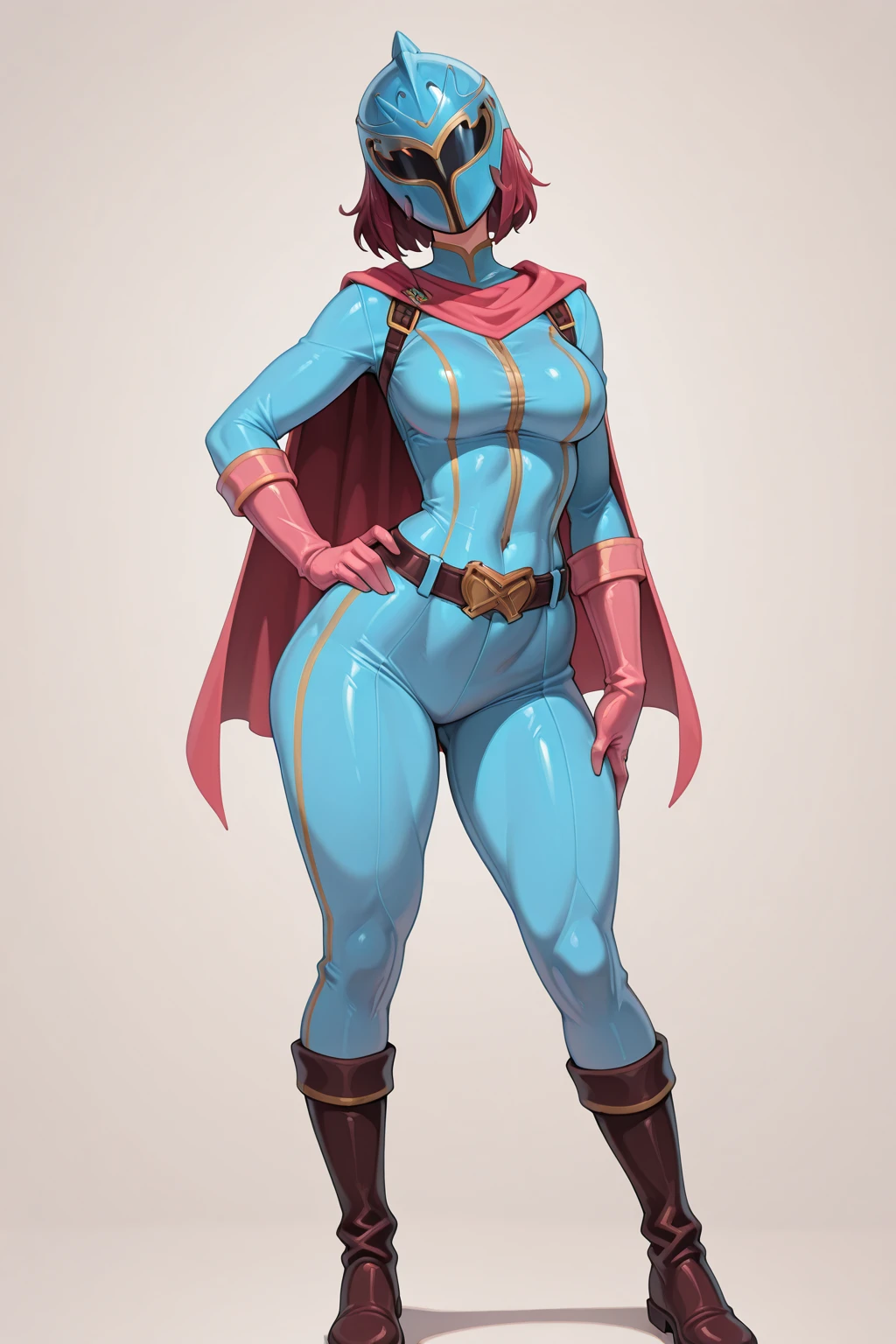 masterpiece, best quality, outdoors, lens flare, light particles, depth of field, 1girl, solo, looking at viewer, ravdc, grey skin, forehead jewel, cape, (leotard:1.4), belt, hands on hips, blue cape, (muscular, thick thighs:1.5), hard nipples, (small breasts:1.5)