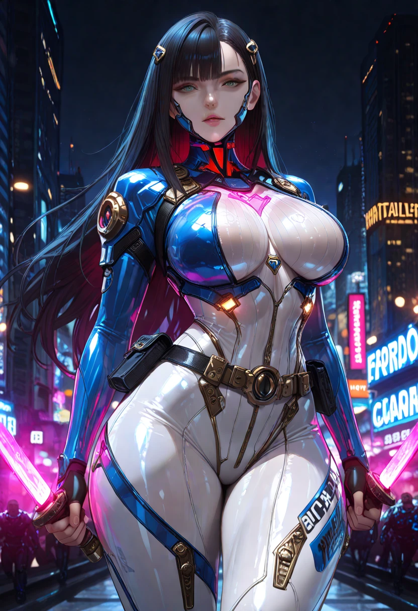 best quality,4k,8k,highres,masterpiece:1.2),ultra-detailed, extremely detailed eyes, extremely detailed body, (large masterpiece digital art), (detailed manga illustration), (detailed line art), ((perfect anatomy)), high quality, expressive eyes, full body, tall girl, detailed face, beautiful face, perfect face, breasts, cleavage, gloves, A photograph of mid-twenties Japanese female android made of shiny white and silver translucent glass and plastic, geisha makeup and hairstyle, silver metal internal body mechanisms, dynamic pose, flowing organic construction, glowing golden circuitry, colorful neon trim, glowing circuitry, neon trim, depth of field focus f/2.8, art by H.R. Giger, Greg Rutowski, bodysuit, thick thighs, toned, emblem, cinematic lighting, dynamic lighting, 4k resolution, dynamic pose, weapon, energy weapon, cover, mecha musume, fortified suit, mechanical parts, headgear, robot joints, bodysuit, deva battle suit, gloves,