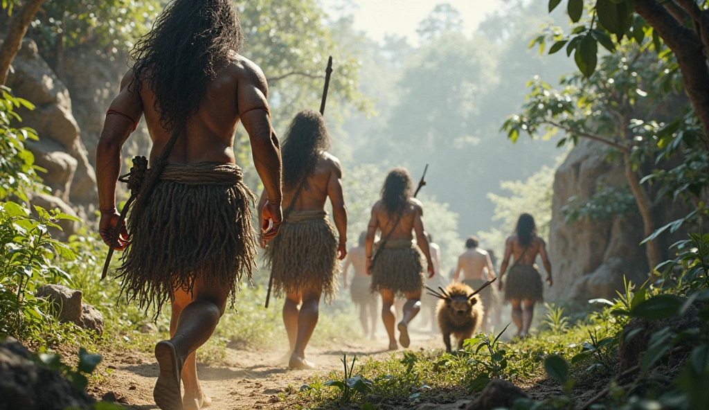 a group of primitive humans, one holding a knife, cutting meat from a dead sleep big giant t-rex. Tilt shift photography. , detailed anatomy, detailed clothing, intricate details, highly detailed, award winning, masterpiece, 8k, photorealistic, dramatic lighting, moody atmosphere, earthy tones, gritty texture, rugged, realistic, cinematic.