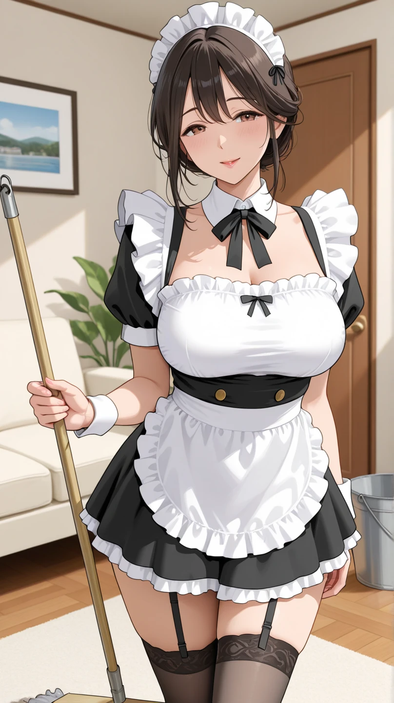 1 woman/old maid outfit with maid cap/tight on body, Max resolution/detail/quality/sharpness. Unreal Engine 5, Disney/Anime style, short straight hair, huge breasts1, extremely wet clothing, looking at the viewer, smiling, exhibitionist pose, smiling, showing off to the viewer, inside a bathroom in front of a bathtub of a luxury hotel room.