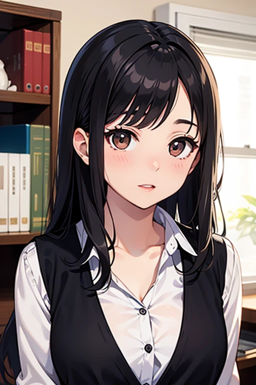 ((Highest quality)),(超High resolution),(Very detailed),(Detailed Description),((The best CG)),(A masterpiece of art),Ultra-detailed art,Amazing painting art,(Art with precise detail:1.5), Portraiture:1.6,Bust Shot:1.4,(1 female:1.5),Beautiful and well-proportioned face:1.5、 Japanese、girl,thin、Small face、Brown eyes、expensive、 High resolution,Black Hair、Long Hair、classroom、White blouse、(Black cardigan:1.2)、17 years old、Are standing、mature,Big Breasts