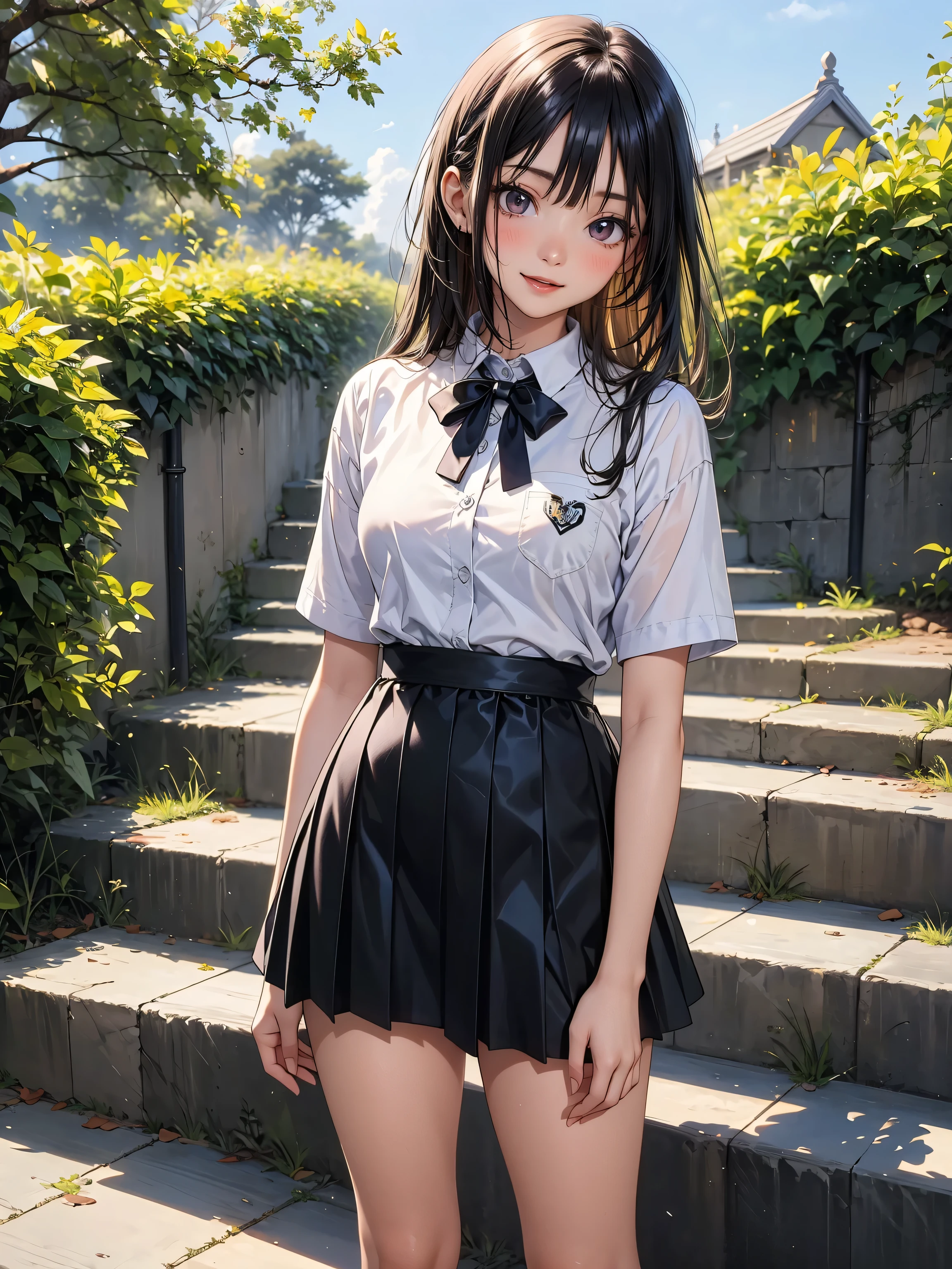 very cute and beautiful girl,(Very detailed美しい顔),Symmetrical eyes, (smile:1.2),White blouse,ribbon,Pleated check mini skirt, Sitting,Black Hair, garden,Wooden bench,grassland,Distant sea background, (Highest quality,masterpiece:1.0),Absurd,High resolution,Very detailed,Very detailed,32K,8k resolution, Intricate details,Movie Scenes,Detailed Background,alone,Dynamic Angle, Hair blowing in the wind,Beautifully detailed skies,Tsurime,Cool color makeup,Small breasts,A fragile girl,((Smooth Hair,Fine hair,Very fine hair))