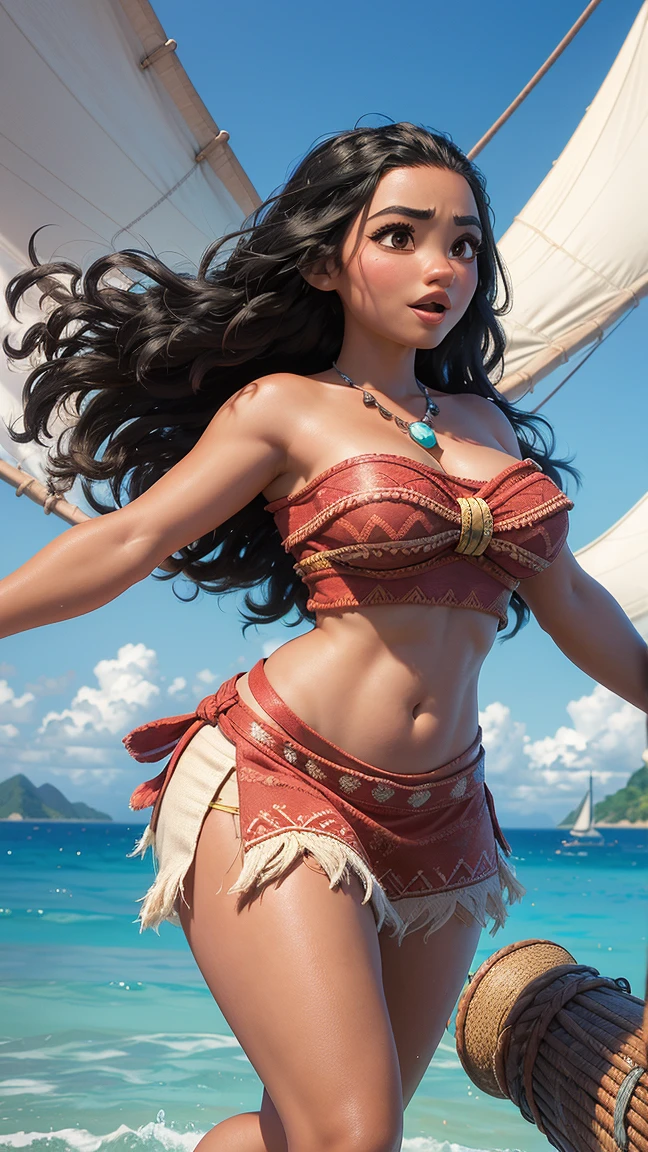 Sexy Female mermaid, shell bikini, long braided black hair, spear, pirate ship, NSFW,