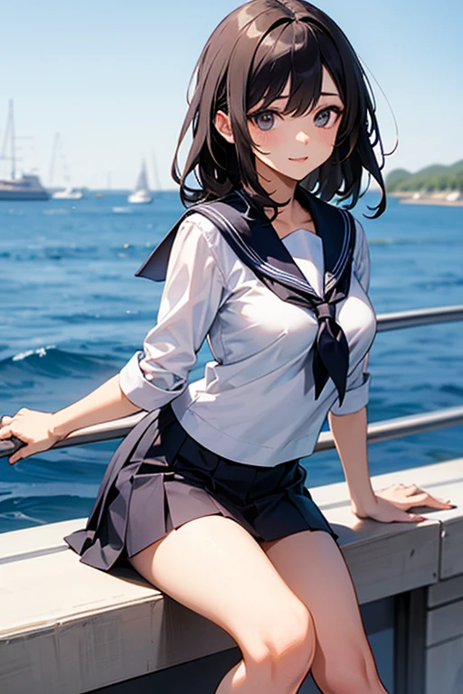 1young_teen_女の子、ロリ、brown_hair、medium_bob_hair、blue_midriff_baring_sailor_uniform、mini_skirt、short_sleeve、太もも、big_tits,closed_eyes, 笑顔、open_mouth、立っている,harbor_background、spread_legs、幸せ、NSFW、short_gloves, wet,transparent,covered_nipples, covered_crotch, under_tits,