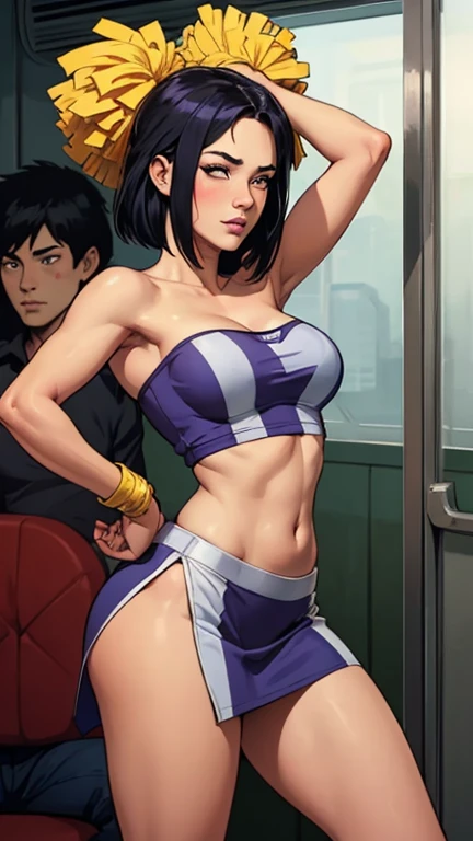 The character Chun-li from Street Fighters, inside a locker room, tired, noticed a large mirror in the corner of the room, dusty and covered in cracks. As he approached, he felt a chill run up his spine. Reflected in the mirror was not just her image, but a sinister figure behind her.".", her clothes blue shorts, a white tank top, her hair in two braids