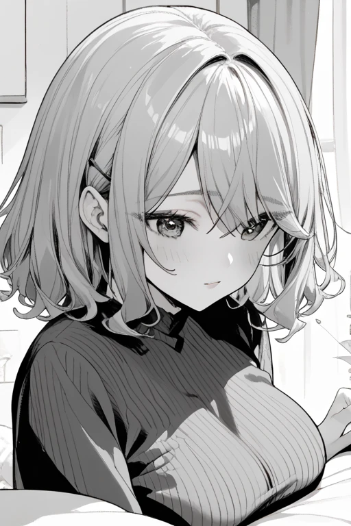 best quality , monochrome , lineart,1girl, bob cut, flat chest , long hair , , hand on hip,looking at viewer,open mouth,white background, masterpiece