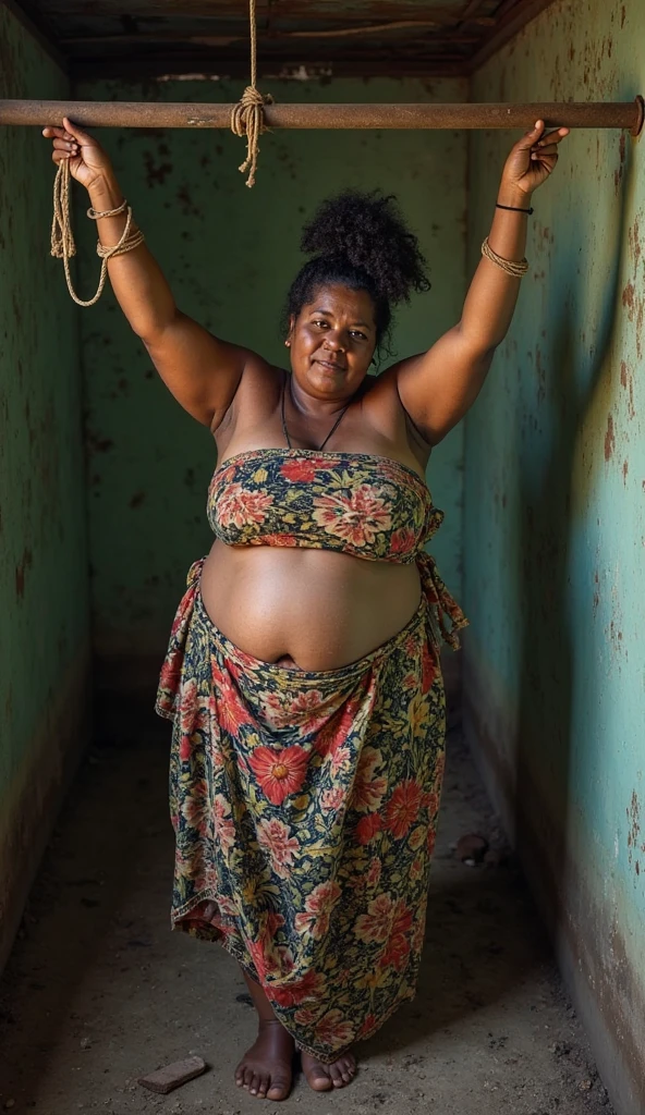 Gerar imagem completa e de corpo inteiro de uma mulher de 60 anos afro brasileira usando óculos de grau em pé completely naked em um beco de uma favela obscura e degradante em uma noite quente, completely naked, with an image capturing the sensual mature beauty and her large, saggy breasts and natural voluptuous body, showing off her sensual body and obscene personality.
