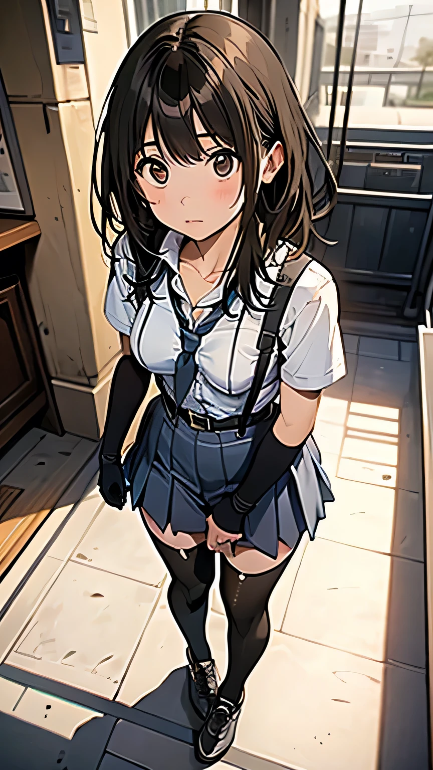 4k HD,perfect,Exquisite,girl,Black ponytail,Small Breasts,full body portrait,((Rope restraints, arms behind the back, hands behind the back, rope restraints, hand restraints, rope restraints, feet rope restraints, groin, slim figurecollar,in the classroom)),((school uniform)),Shy
