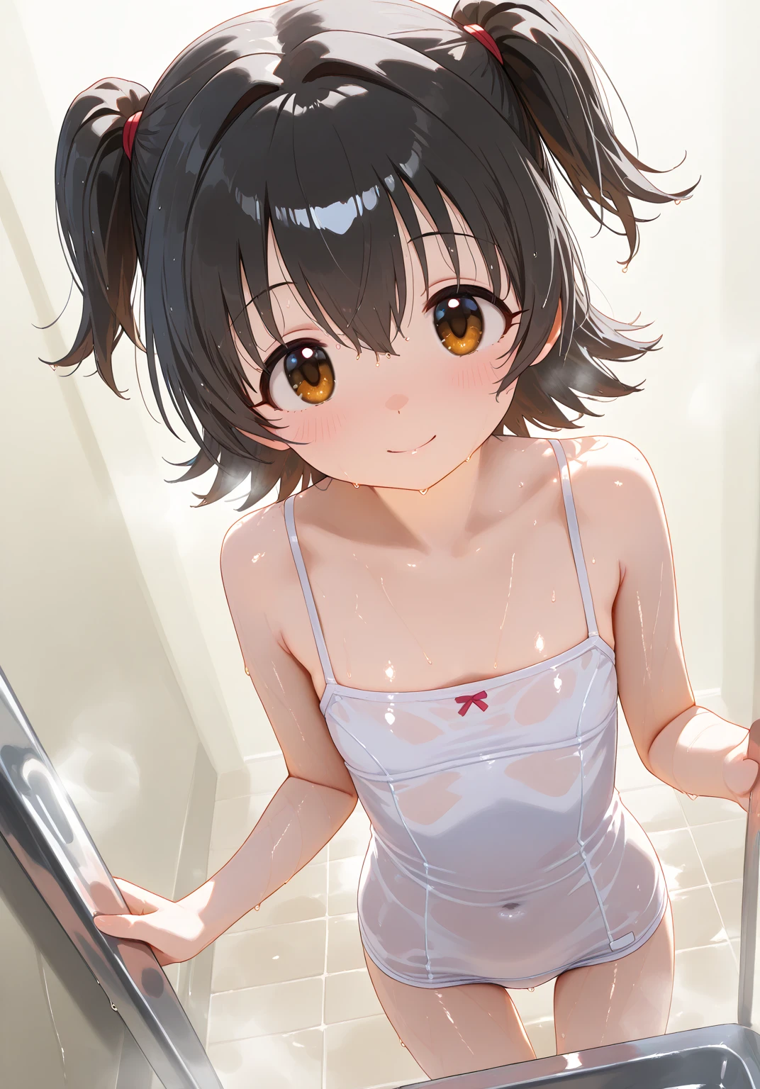Best Quality, masutepiece, hight resolution, Solo, {Mikoto Misaka 1.15}, Brown eyes, 1girl in,short-hair、、ultra-detailliert、超hight resolution、beautifull detailed face、Constriction、(Slim waist) :1.3)、Beautiful detailed skin、Skin Texture、floated hair、profetional lighting、((yellow underwear top and bottom))、(((Wet underwear)))、Cotton panties、Sit on the bed、small dark room、natta