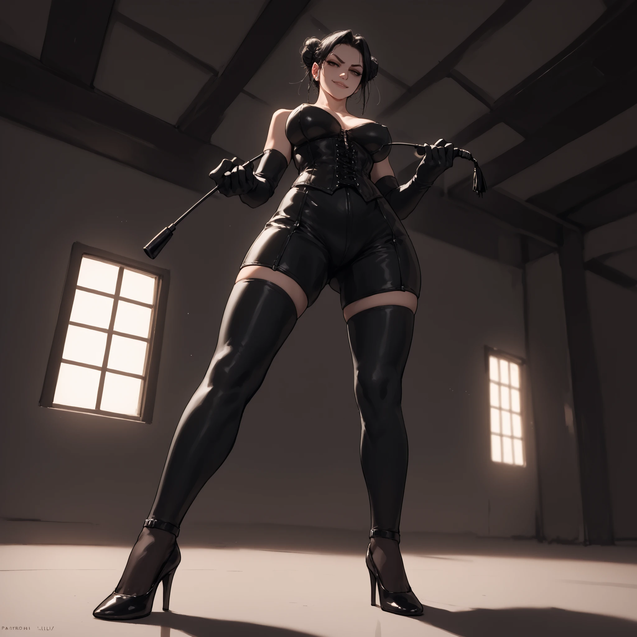 A mature Japanese woman with fair skin and long black hair tied in a sleek bun. She wears a dominatrix-style black leather outfit: tight corset, high heels, long gloves, and thigh-high stockings. Her expression is calm, confident, and slightly amused, with a teasing smirk.
She stands over the viewer, looking down directly with her arms crossed or holding a riding crop. One foot might be resting on a low surface or near the viewer's chest, emphasizing dominance.
The background is dark, minimalist, possibly a dimly lit room.
Composition: first-person view from below, anime/semi-realistic style. Focus on dominance, authority, and sensual control.