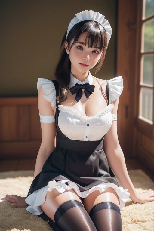 (top-quality、masutepiece、超A high resolution)、、(inside in room、Looking at the camera、Kamimei、Semi-long:1.1、straight haired:1.1、Brown hair:1.1、a smile:1.5)、(Semen、a wet body:1.3)、Cat-eared Beautiful Girl、cleavage of the breast、kawaii faces、(Cat Ear Maid、maid clothes、skirt by the、Black Knee High Socks)