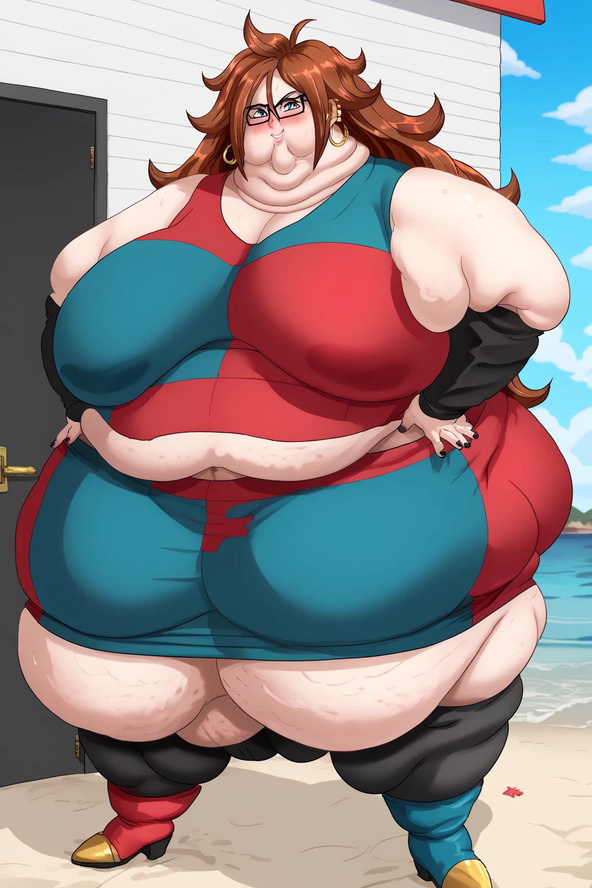high quality, hd, 4k, 8k, detailed background, middle aged, anthromorphic, gynomorph, anthro, (mommy:1.1), scales skin, female dinosaur, bbw, obese,colored skin, standing, chubby body, (natural curvy body proportions:1.15), sexy body, (voluptuous), (flat chested:1.24), wide hips, huge thighs, (wide body), (by buta99, by bebebebebe, by con5710), monster hunter style (nsfw), innie pussy, tall height, (tight swimsuit)