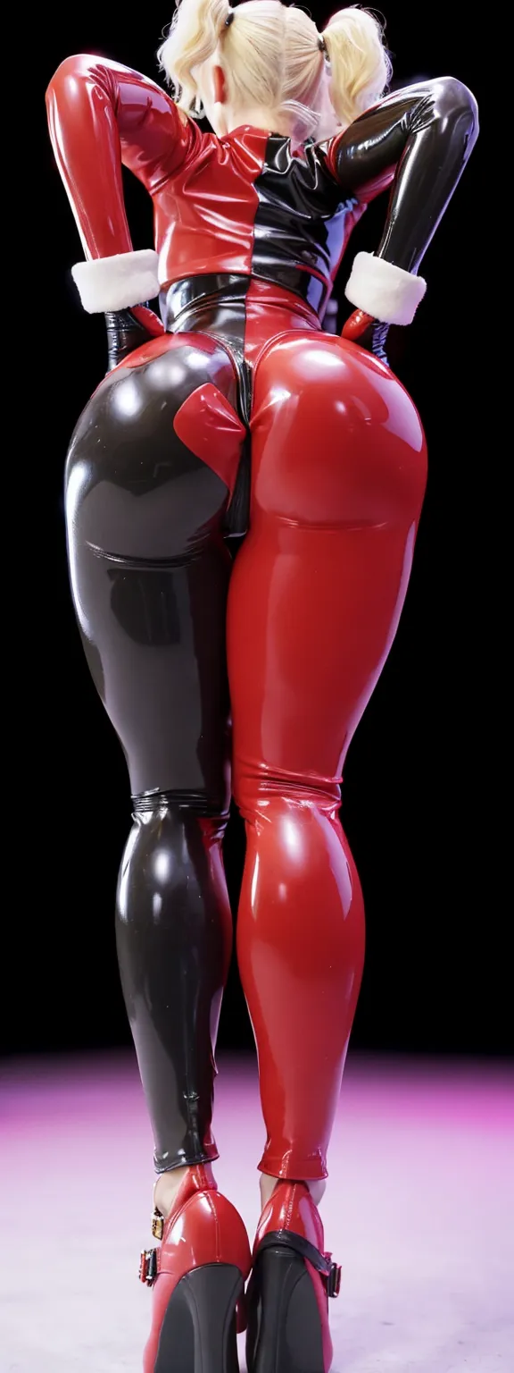 Classic red and Black Harley Quinn costume, latex, from behind, big ass, thick legs , hottie, high heels 