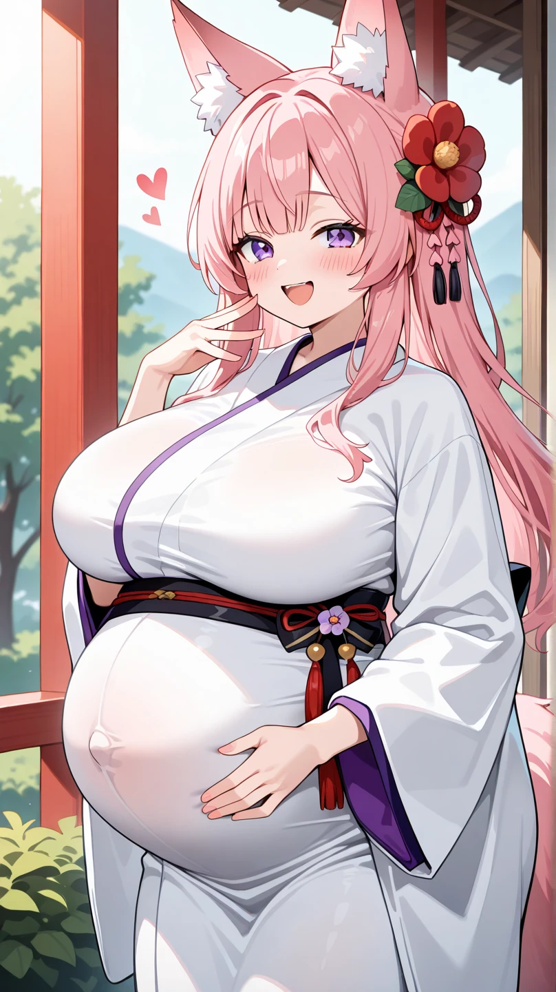 kimono, masterpiece, best quality, hibari (senran kagura), symbol-shaped pupils, pink hair, open mouth, huge breasts, (+_+:1.1), sparkling eyes, blue eyes, short twintails, (track jacket:0.9), blush, embarrassed, cleavage, arms behind back, pregnant, hyper pregnant