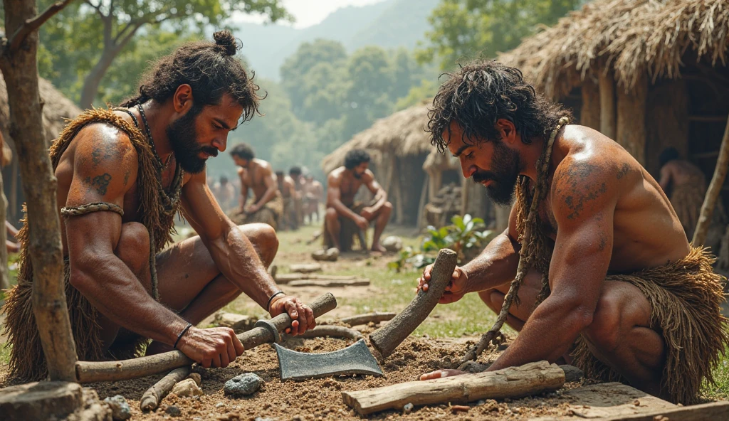 a group of primitive humans, one holding a knife, cutting meat from a dead sleep big chicken t-rex. Tilt shift photography. , detailed anatomy, detailed clothing, intricate details, highly detailed, award winning, masterpiece, 8k, photorealistic, dramatic lighting, moody atmosphere, earthy tones, gritty texture, rugged, realistic, cinematic.