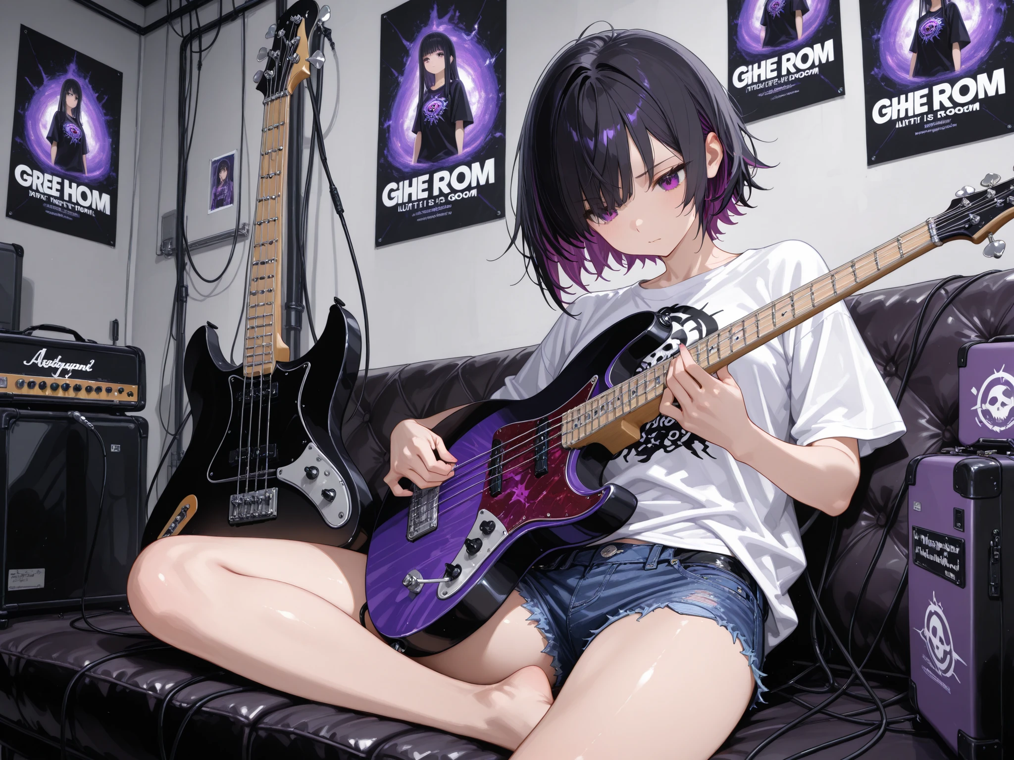 A girl deeply immersed in playing a bass guitar, lounging on a black leather sofa in a live studio backstage room. She has black hair with purple mesh highlights, styled in a medium, slightly messy cut. She wears a graphic print T-shirt, denim hot pants, and is barefoot. The room has a slightly cluttered, lived-in feel typical of music venues, with cables, equipment cases, and posters in the background. The mood is gritty but passionate, capturing the intensity of her performance and her laid-back, edgy style.